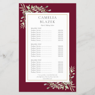 Prospectus 14 Cm X 21,6 Cm Burgundy Watercolor Greenery Salon Service Menu