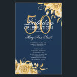 Prospectus 14 Cm X 21,6 Cm Floral 50th Birthday Program Gold & Navy avec menu<br><div class="desc">Design élégant "Programme de fête d'anniversaire" avec arrangement floral en or avec texte personnalisé.</div>