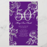 Prospectus 14 Cm X 21,6 Cm Floral 50th Birthday Program Silver Purple Menu<br><div class="desc">Design élégant "Programme de fête d'anniversaire" avec arrangement floral en argent avec texte personnalisé.</div>