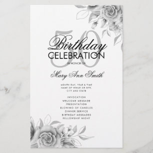 Prospectus 14 Cm X 21,6 Cm Floral 50th Birthday Programme Argent avec menu