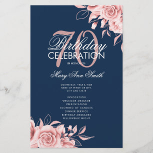 Prospectus 14 Cm X 21,6 Cm Floral 70th Birthday Programme Rose Gold Navy Menu