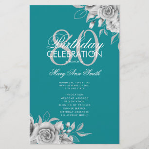 Prospectus 14 Cm X 21,6 Cm Floral 80e Anniversaire Programme Argent Turquoise