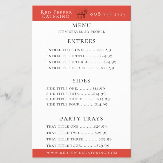 Prospectus 14 Cm X 21,6 Cm Flyer de menu de traiteur Chapeau de Chef (Devant)