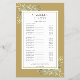 Prospectus 14 Cm X 21,6 Cm Gold Watercolor Green Salon Service Menu