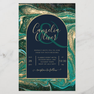 Prospectus 14 Cm X 21,6 Cm LeahG Emerald Green Gold Agate Mariage Invitation