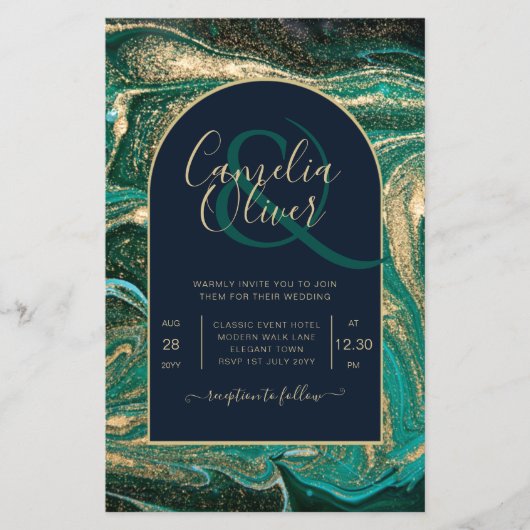 Prospectus 14 Cm X 21,6 Cm LeahG Emerald Green Gold Agate Mariage Invitation (Devant)