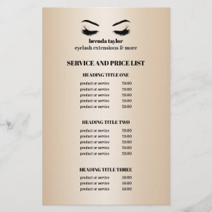Prospectus 14 Cm X 21,6 Cm Liste de services de salon de cils faux or glamour