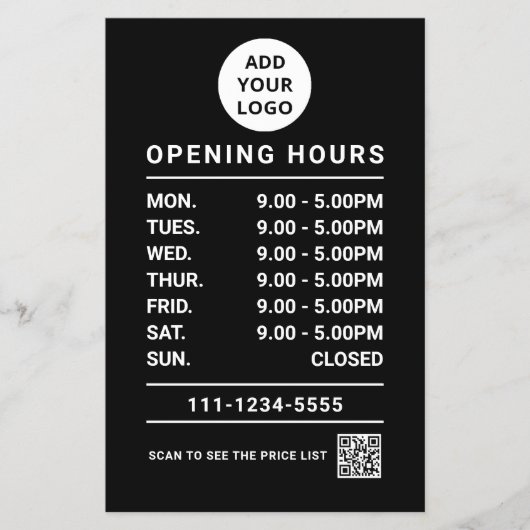 Prospectus 14 Cm X 21,6 Cm logo code qr heures d'ouverture d'entreprise noir (Devant)