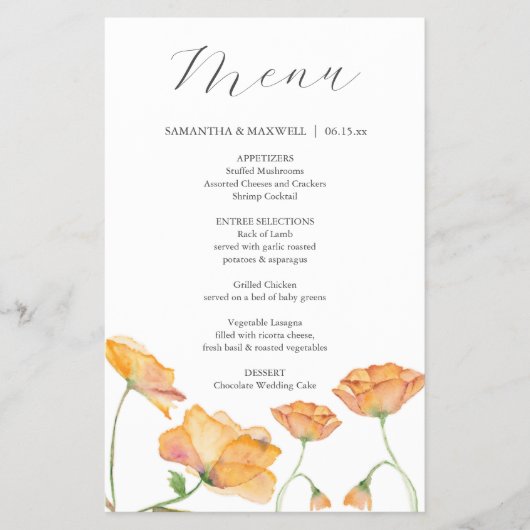 Prospectus 14 Cm X 21,6 Cm Mariage Menus Aquarelle Orange Fleurs (Devant)
