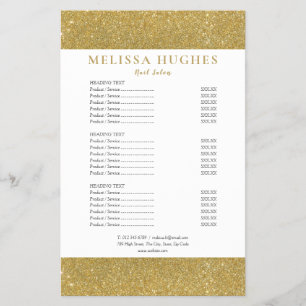 Prospectus 14 Cm X 21,6 Cm Menu de services du salon Gold Glitter