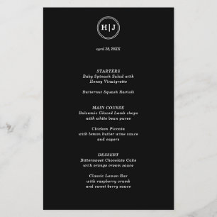 Prospectus 14 Cm X 21,6 Cm Menu Papier noir Monogramme moderne