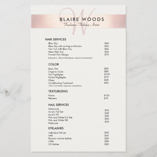 Prospectus 14 Cm X 21,6 Cm Monogramme moderne simple Rose Gold Liste de prix (Devant)