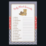 Prospectus 14 Cm X 21,6 Cm Mot Cowboy Baby shower de jeu Flyer<br><div class="desc">Ce design de jeu de baby shower propose des bottes de cowboy et un casquette de cowboy sur un arrière - plan en vichy et paisley. La collection de produits de coordination est disponible dans notre boutique, zazzle.com/doodlelulu*. Contactez-nous si vous avez besoin que cette conception s'applique à un produit spécifique...</div>