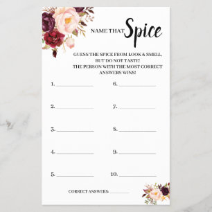 Prospectus 14 Cm X 21,6 Cm Nom de Spice Marsala Bridal Shower Game Card