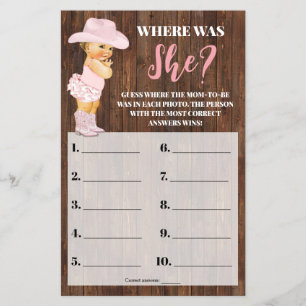 Prospectus 14 Cm X 21,6 Cm Où était elle Pink Cowgirl Baby shower Game Card