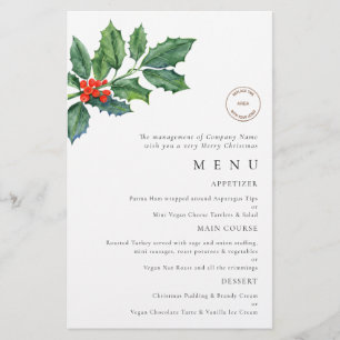 Prospectus 14 Cm X 21,6 Cm PAPIER Logo Holly Berries Menu de Noël
