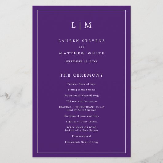 Prospectus 14 Cm X 21,6 Cm Programme de mariage élégant avec monogramme viole (Devant)