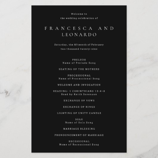 Prospectus 14 Cm X 21,6 Cm Programme de mariage simple noir classique (Devant)