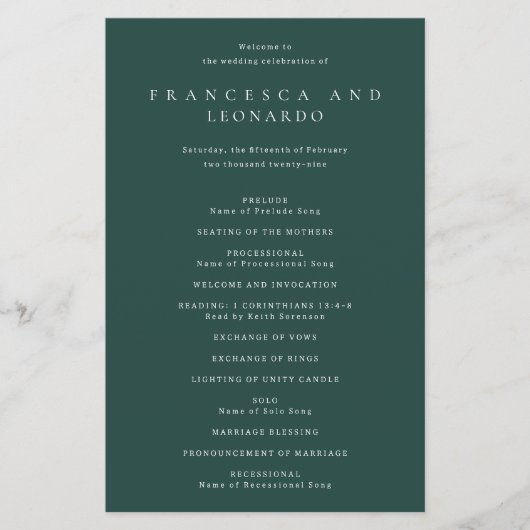 Prospectus 14 Cm X 21,6 Cm Programme de mariage simple vert émeraude classiqu (Devant)