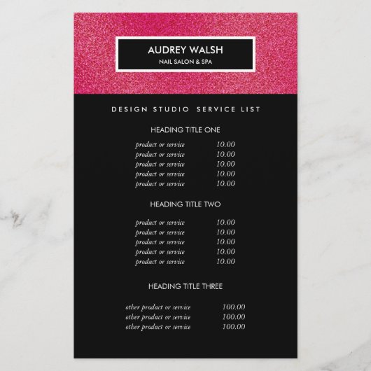 Prospectus 14 Cm X 21,6 Cm Raspberry Glitter Tarifs et Prestations du Salon (Devant)