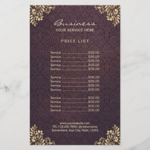 Prospectus 14 Cm X 21,6 Cm Vintage Gold Purple Damask Beauté Salon Tarifs