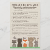 Woodland Baby shower Nursery Rhyme Quiz Cartes de
