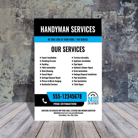 Prospectus 21,6 Cm X 24,94 Cm 24h/24, 7j/7 Handyman & Plumbing Services BLACK BL