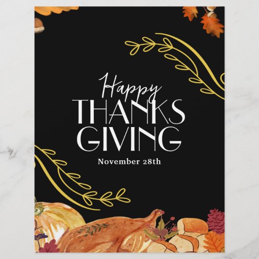 Prospectus 21,6 Cm X 24,94 Cm Black Elegant Thanksgiving dîner party Printable (Devant)