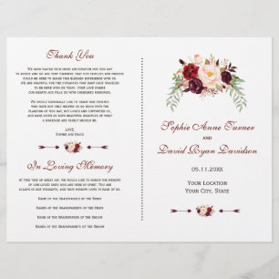 Prospectus 21,6 Cm X 24,94 Cm Bourgogne Rouge Marsala Programme de mariage flora