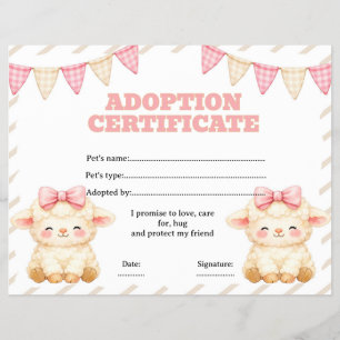 Prospectus 21,6 Cm X 24,94 Cm Certificat de adoption de mouton en peluche modifi