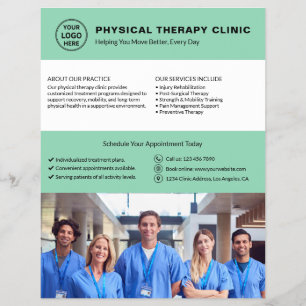Prospectus 21,6 Cm X 24,94 Cm Clinique de Physiothérapie Logo Vert Doux Photo QR
