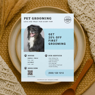 Prospectus 21,6 Cm X 24,94 Cm Code QR Photo Toilettage d'Animaux Flyer Bleu