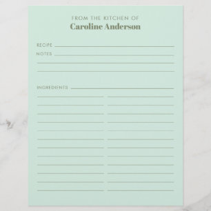 Prospectus 21,6 Cm X 24,94 Cm De La Cuisine Cute Mint Sage Recette Nom Personnal