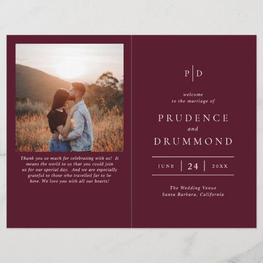 Prospectus 21,6 Cm X 24,94 Cm Elegant Deep Burgundy Classic Wedding Program (Devant)