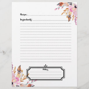 Prospectus 21,6 Cm X 24,94 Cm Feuille de recette florale boho blanc rose plume