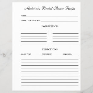 Prospectus 21,6 Cm X 24,94 Cm Fiche de recette de douche de mariée pour classeur