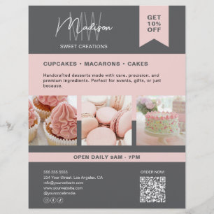Prospectus 21,6 Cm X 24,94 Cm Flyer gris rose pour boulangerie avec logo à monog