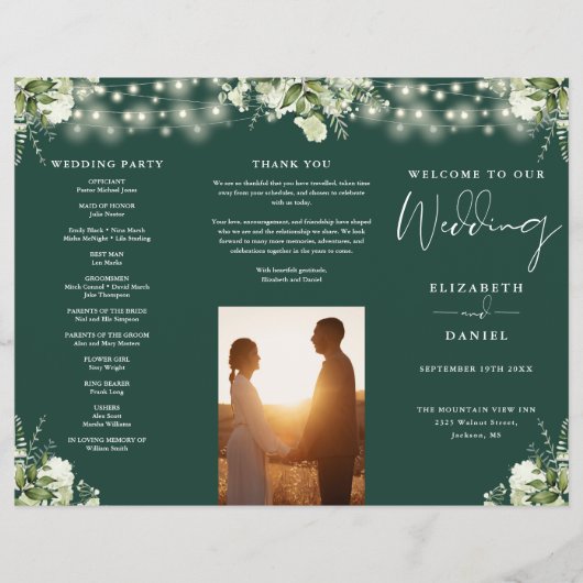 Prospectus 21,6 Cm X 24,94 Cm Greenery Lights Emerald Trifold Wedding Program (Devant)