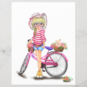 Prospectus 21,6 Cm X 24,94 Cm Jolie fille blonde avec vélo rose et chat dans les