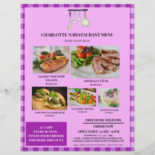 Prospectus 21,6 Cm X 24,94 Cm Menu Rustique Purple Plaid Restaurant