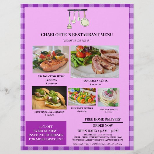 Prospectus 21,6 Cm X 24,94 Cm Menu Rustique Purple Plaid Restaurant (Devant)