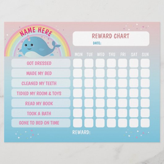 Prospectus 21,6 Cm X 24,94 Cm Narwhal Girl Reward Chart Personalised Planner (Devant)