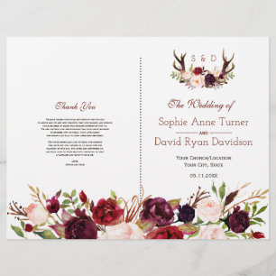 Prospectus 21,6 Cm X 24,94 Cm Programme de mariage à cornes florales Burgundy Bl