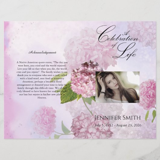 Prospectus 21,6 Cm X 24,94 Cm Programme funéraire Bi-Fold Pink Hydrangeas (Devant)