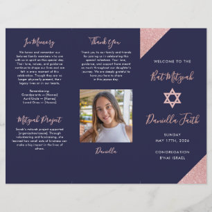 Prospectus 21,6 Cm X 24,94 Cm Programme triptyque Bat Mitzvah Navy Rose Gold