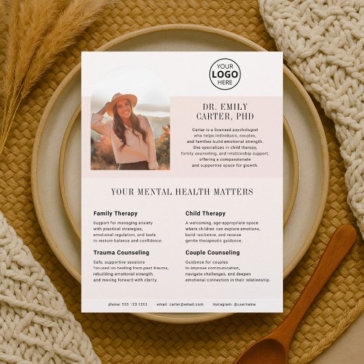 Prospectus 21,6 Cm X 24,94 Cm Psychologie Thérapie Logo Photo Blush Flyer