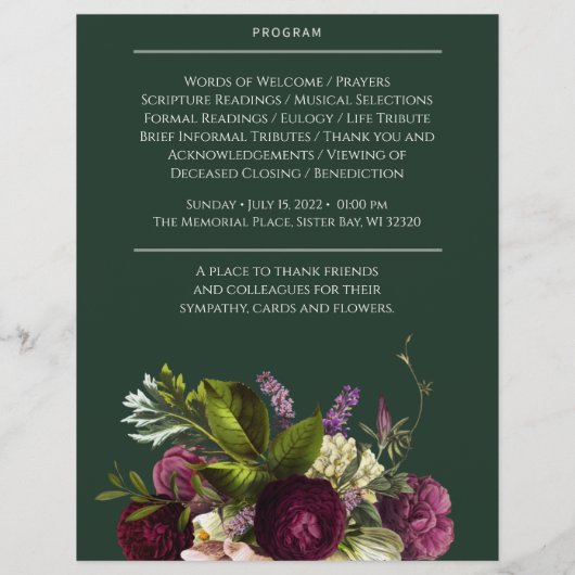 Prospectus 21,6 Cm X 24,94 Cm Purple Green Funeral Memorial Programme (Dos)