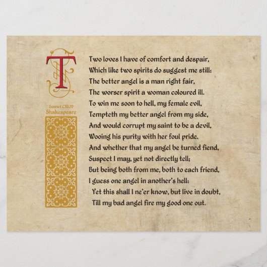 Prospectus 21,6 Cm X 24,94 Cm Shakespeare Sonnet 144 (CXLIV) sur Parchemin (Devant)