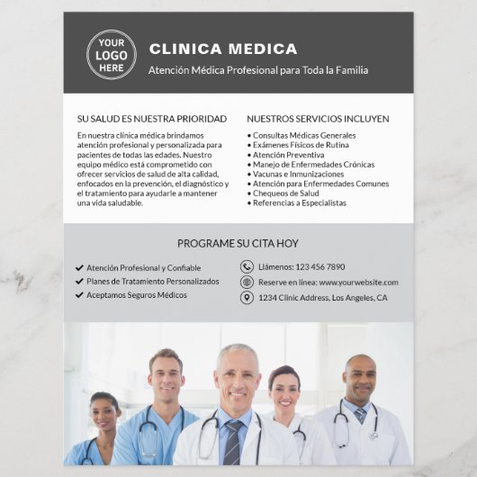 Prospectus 21,6 Cm X 24,94 Cm Spanish Medical Clinic Doctor Logo QR Gray (Devant)