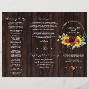 Prospectus 21,6 Cm X 24,94 Cm Sunflower Bourgogne Programme de mariage triplé en